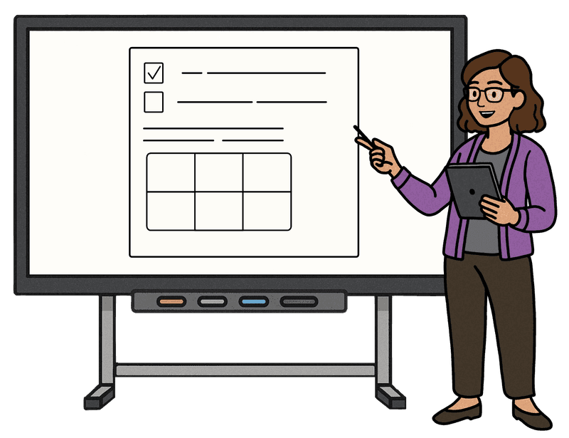 Lehrerin überträgt Dateien per Tablet auf das Whiteboard im Unterricht